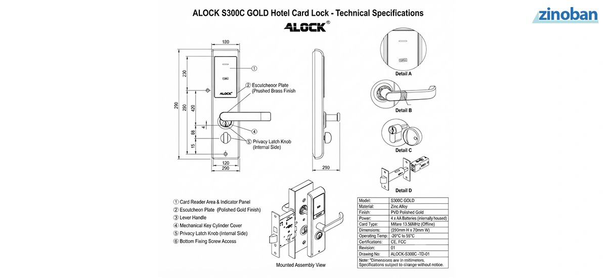 Hotel Card Lock ALOCK S300C GOLD Offline