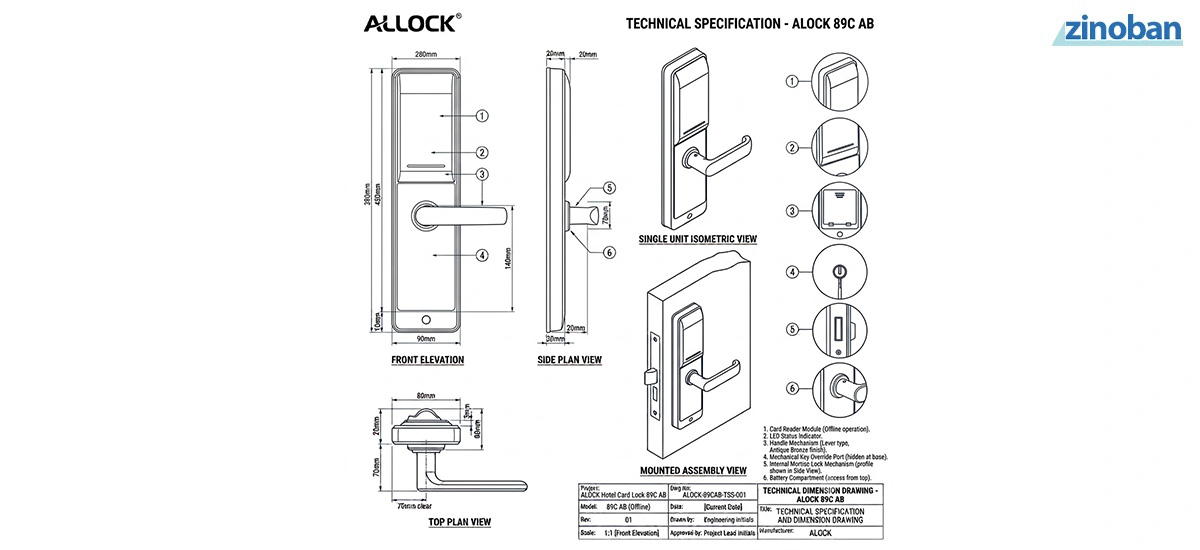 ALOCK 89C AB Offline Hotel Card Door Lock Handle
