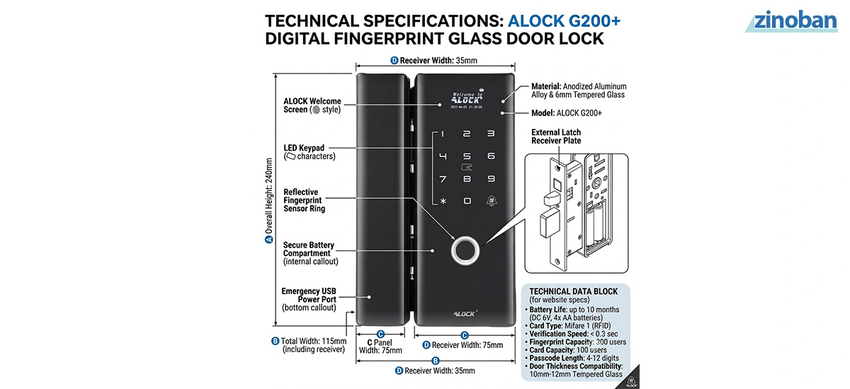 G200+ Smart Fingerprint Lock for Tempered Glass Doors