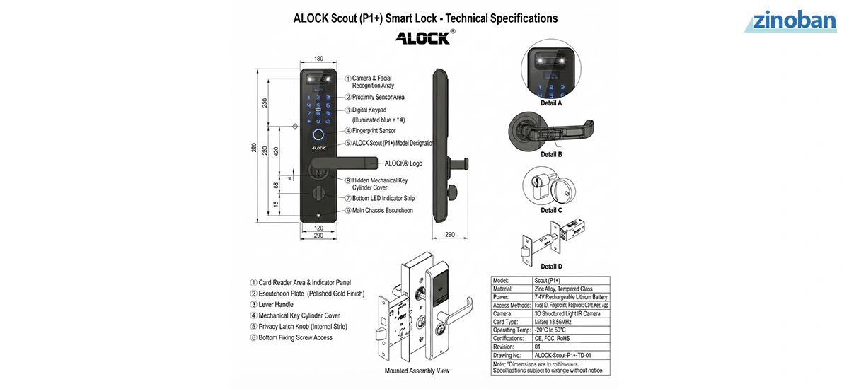 ALOCK Scout (P1+) Fingerprint Smart Lock & Face Recognition Door Handle
