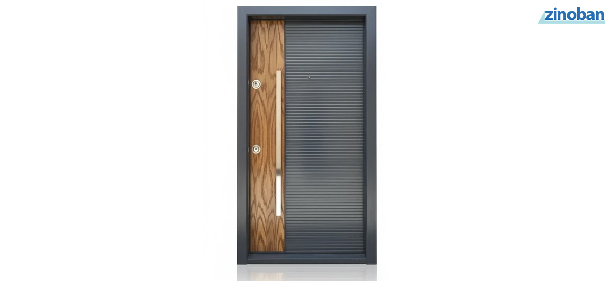 درب بلوط طوسی، درب ضد سرقت مدرن 2025، درب روکش بلوط و ام دی اف، Oak Wood with Grey MDF Security Door.